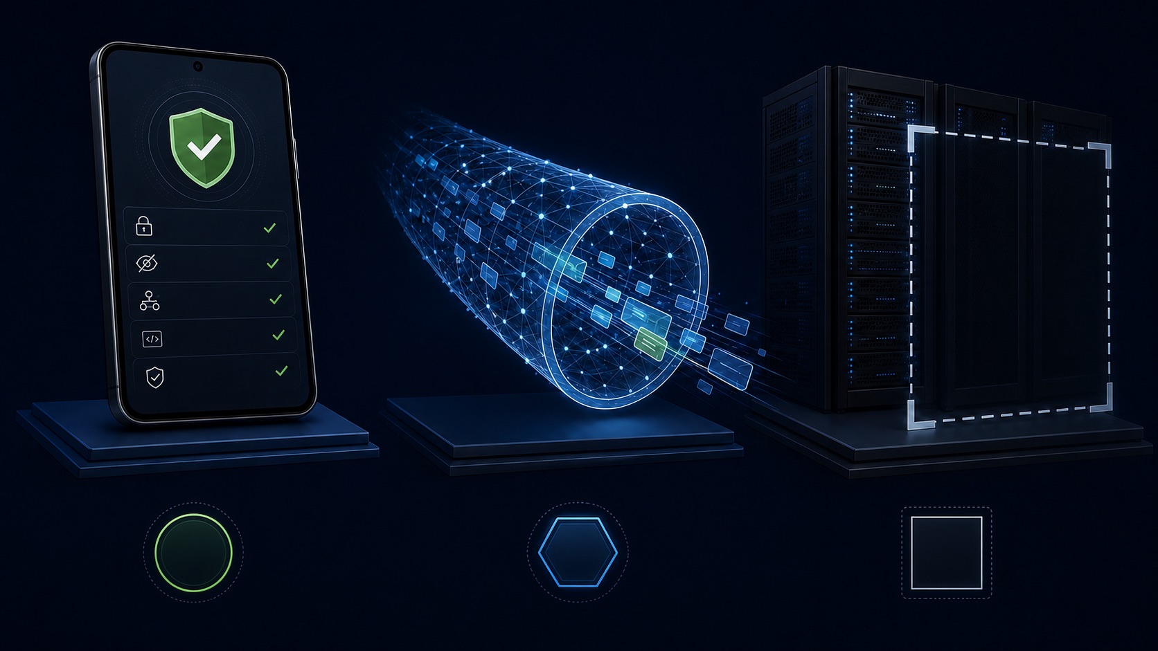 Three separate AdGuard VPN evidence lanes: an assessed mobile app, open protocol code, and a server rack outside an unverified audit frame