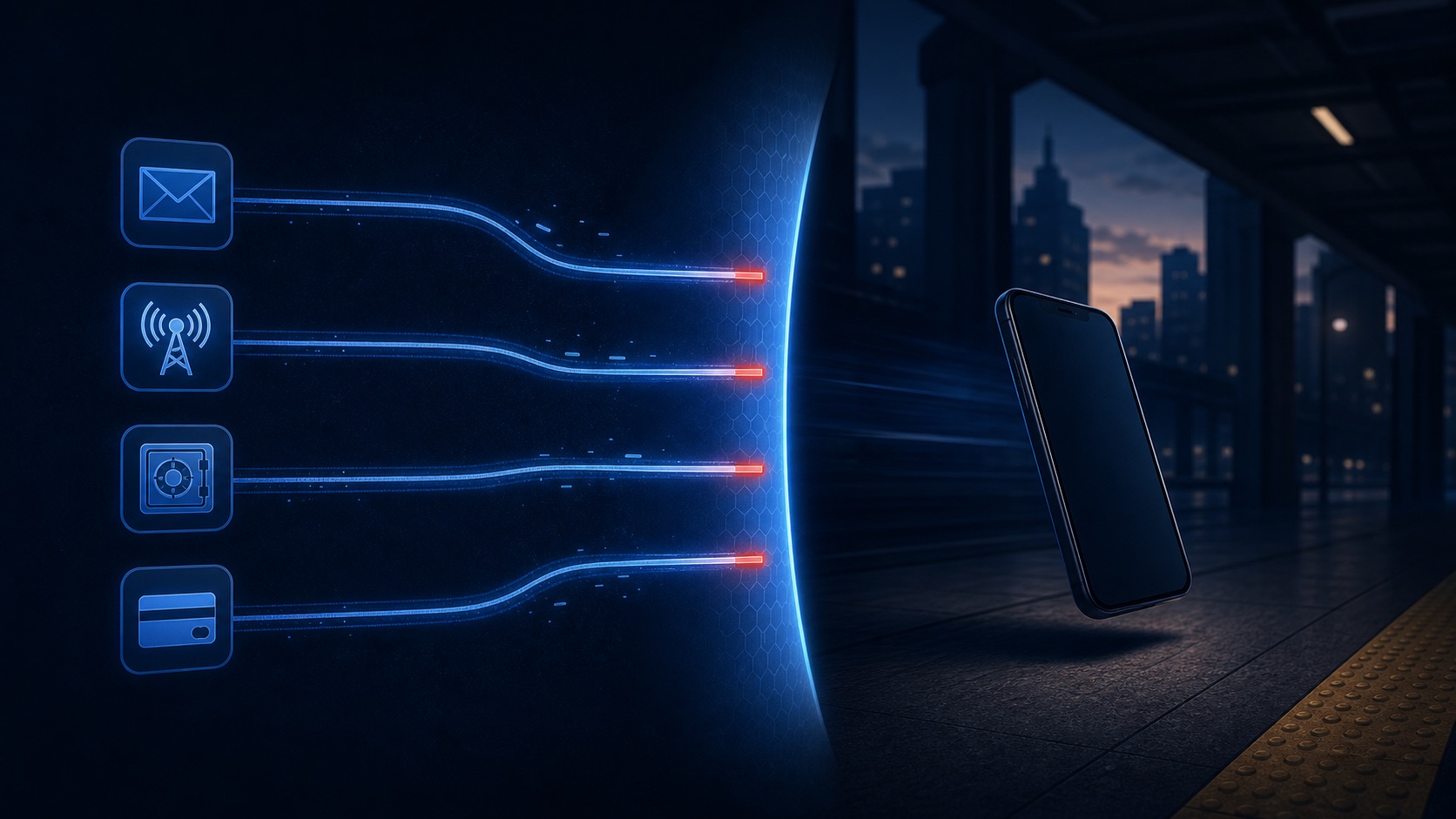 A stolen smartphone moving away while a remote-lock boundary cuts its connections to email, mobile service, saved passwords, and payment accounts