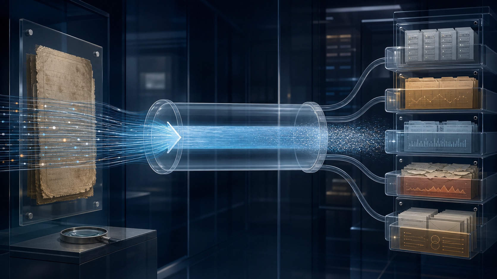 Encrypted traffic crossing a transparent VPN tunnel while separate operational and account records branch into retained-data archives