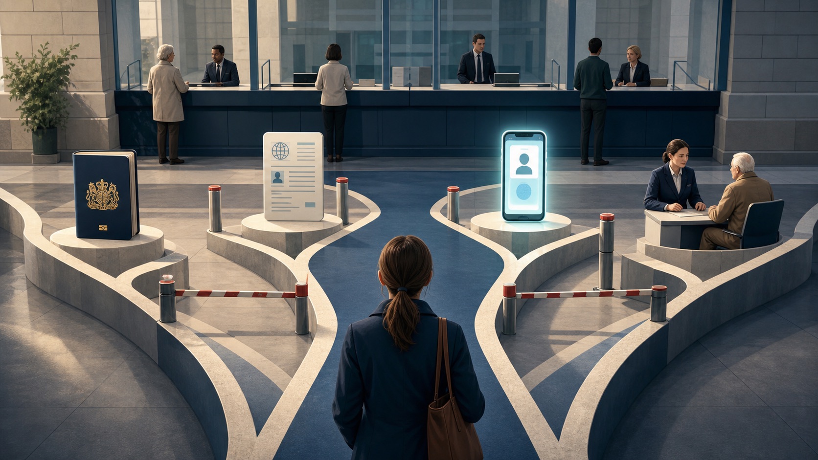 A person choosing between a smartphone credential, passport, digital document and assisted identity route at a government service counter